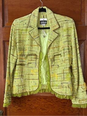 Yak Magik Chartreuse Tweed Ruffle Hem Blazer